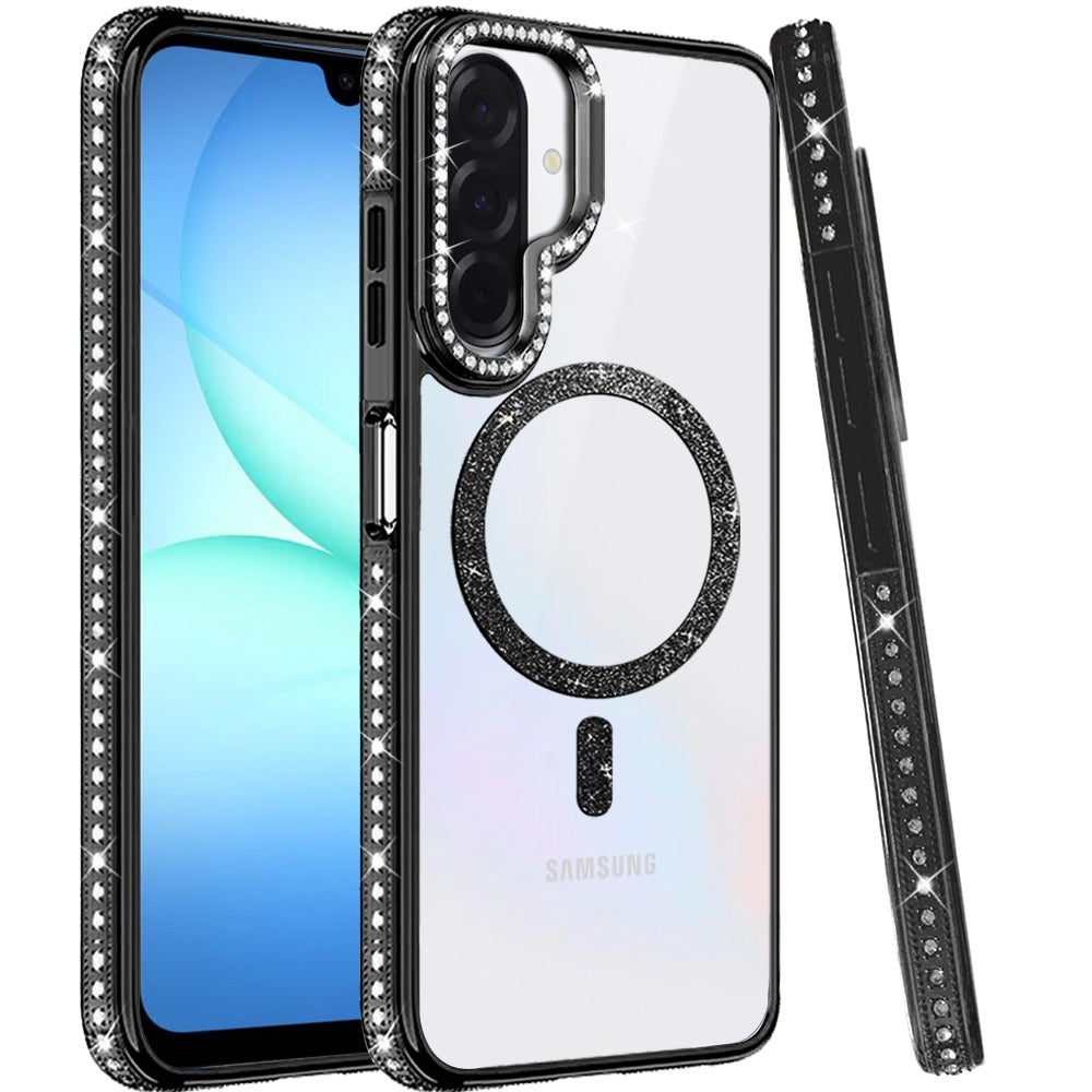 Phone Case for Samsung Galaxy A17 5G Luxury Diamond Bling Edged Magnetic Glitter Shockproof Hybrid with Camera Kickstand Durable Grip Cover