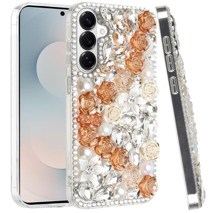 For Samsung Galaxy S26 Fashion Rose Flower Floral, 3D Bling Crystal Full Diamonds Pearl Sparkle Rhinestone Glitter Hybrid Case Cover