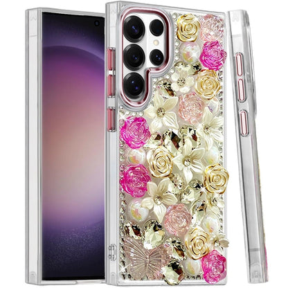 Phone Case for Samsung Galaxy S23 Ultra Luxury Rose Bling Rhinestone Glitter Floral Hybrid Shockproof Stylish Protective Designer Ornament Sparkle Cover Pink
