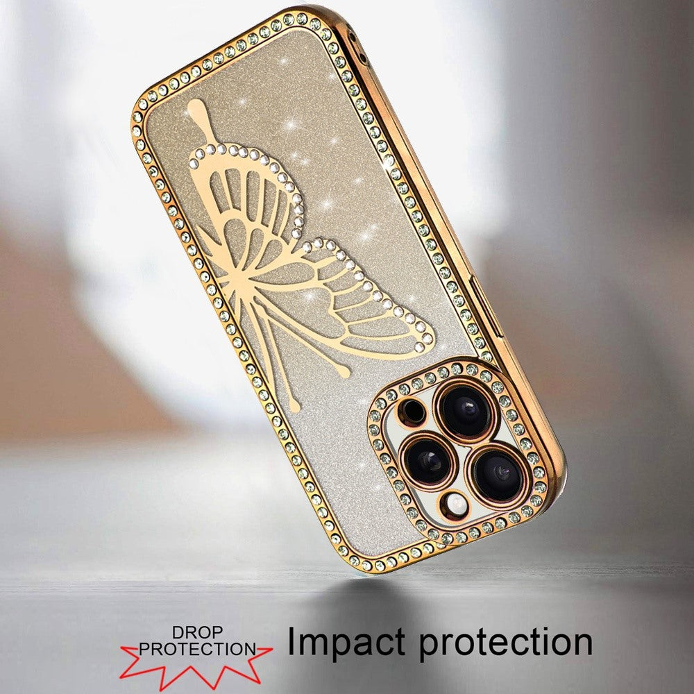 For Apple iPhone 15 Pro Max Butterfly Glitter Diamond Shimmer Hybrid Slim & Stylish Electroplated Sparkly Bling Shockproof TPU Protective Case Cover