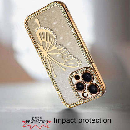 For Apple iPhone 15 Pro Max Butterfly Glitter Diamond Shimmer Hybrid Slim & Stylish Electroplated Sparkly Bling Shockproof TPU Protective Case Cover