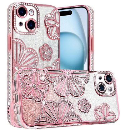 Phone Case for Apple iPhone 15 Plus Shimmer Glitter Floral Thick TPU Shockproof Durable Grip Camera Protection Anti-Scratch Stylish Design Cover