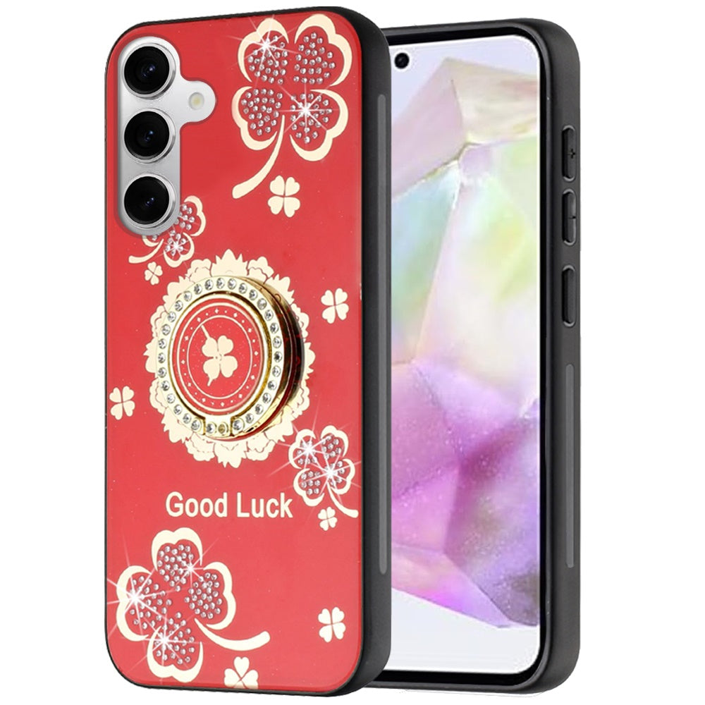 For Apple iPhone SE 4 Diamonds 3D Fashion Floral Bling Sparkly Glitter Ornaments Engraving Hybrid with Ring Stand Case Cover Red Good Luck Floral