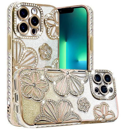 For Apple iPhone 13 Pro Luxury Flower Design Sparkle Glitter Diamond Rhinestone Shimmer Bling Plating Thick TPU Hard PC Case Cover