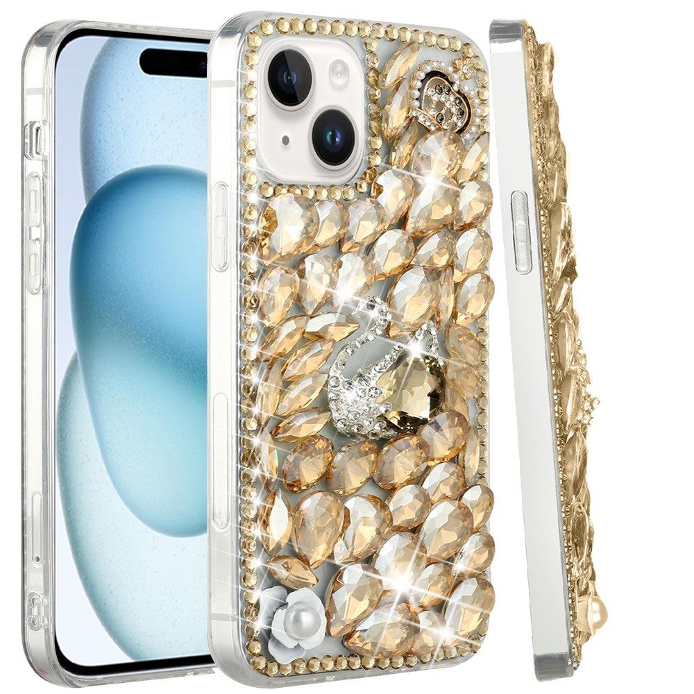 Phone Case for Apple iPhone 15 Plus Luxury Full Diamond Glitter 3D Floral Ornament Hybrid Shockproof Stylish Rhinestone Designer Protective Elegant Cover