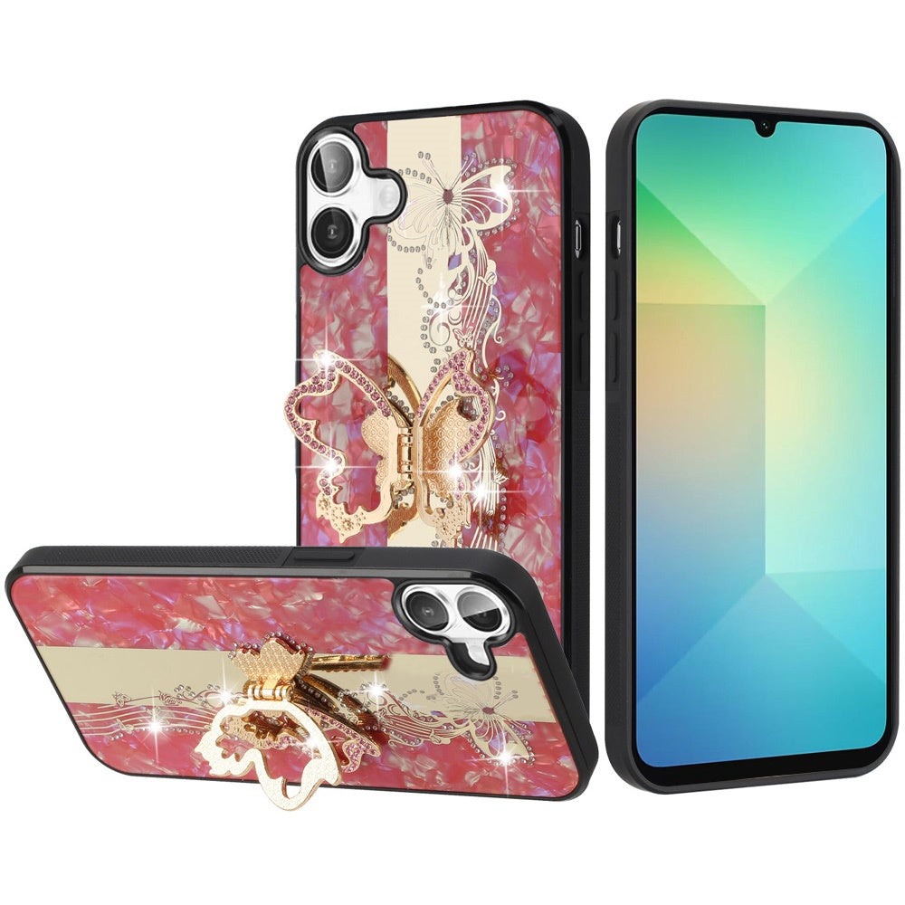 For Motorola Moto G 5G 2025 Diamonds 3D Butterfly Bling Sparkly Glitter Ornaments Engraving Hybrid with Stand Fashion Case Cover Enchanted Butterfly Red