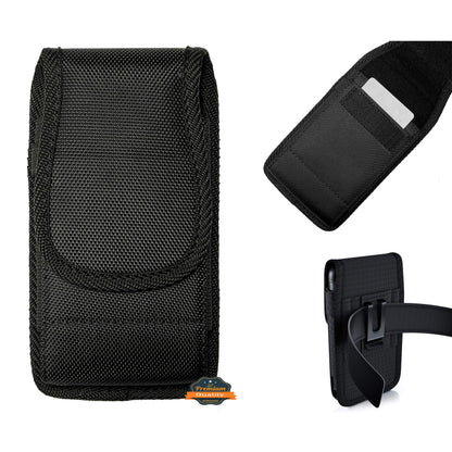For Apple iPhone 16 Pro (6.3") Pouch Case Universal Vertical Canvas Built in Credit Card ID Slot and Belt Clip Loop Holster Cell Phone Holder Cover [Black]