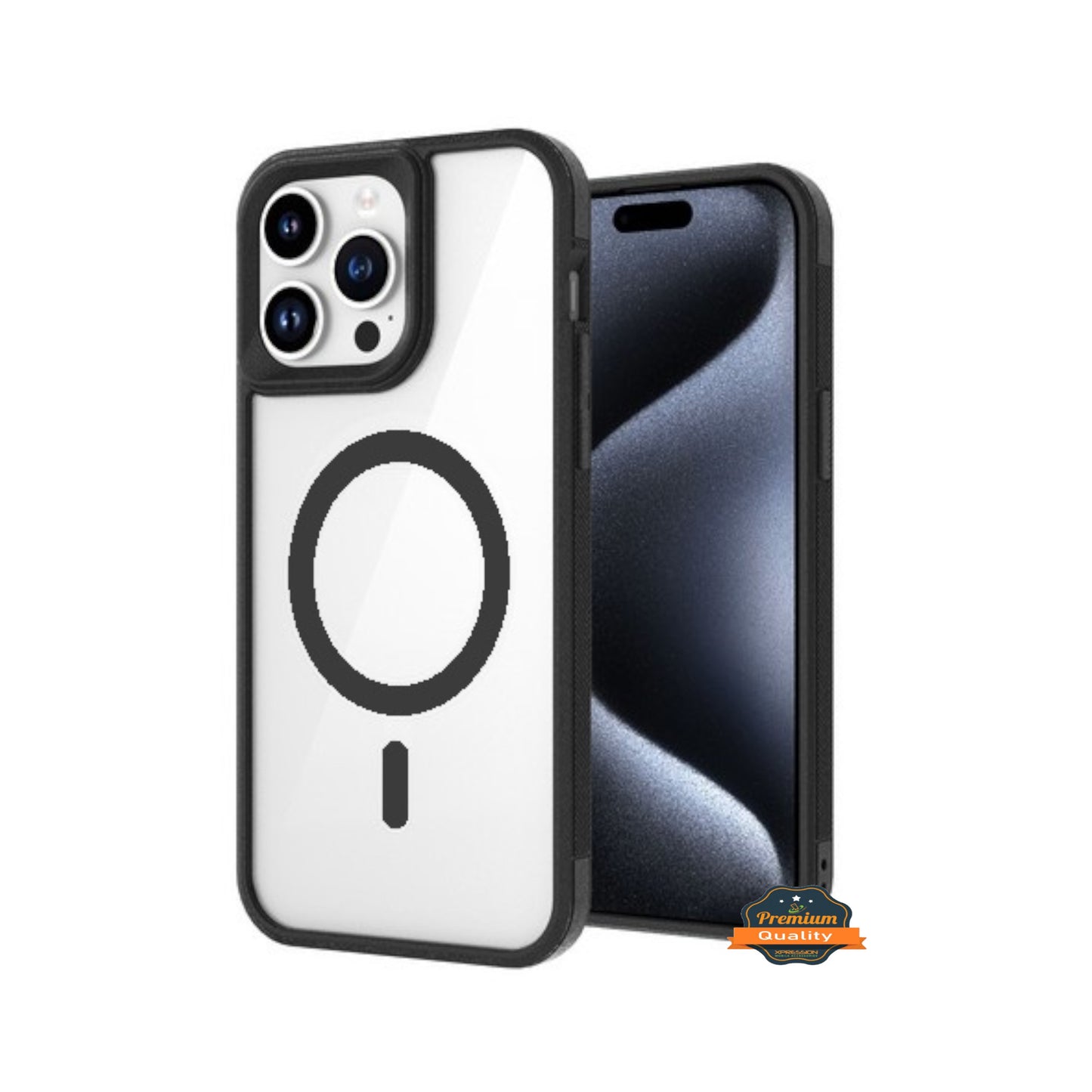 For Apple iPhone 15 (6.1") Magnetic Clear Compatible with Magsafe Wireless Charger PC + TPU Hybrid Slim Transparent Black Phone Case Cover