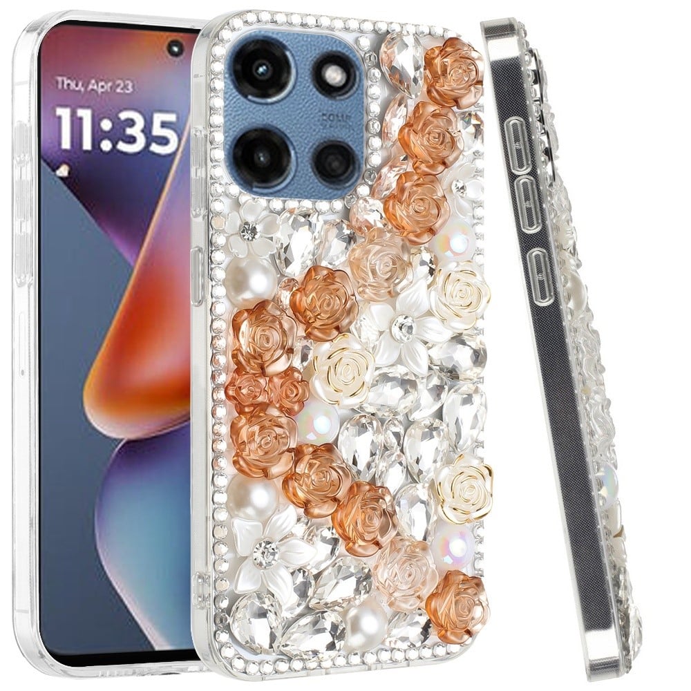 Phone Case for Motorola Moto G 5G 2026/ 2025 Rose Flower Full Diamond Bling Rhinestone Glitter Luxury Stylish Sparkle Protective Designer Hybrid Cover