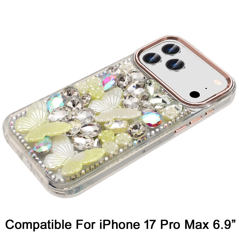 For Apple iPhone 17 Pro Max (6.9") 3D Diamond Floral Butterfly Bling Stone Hybrid, Sparkly Rhinestone Gemstone Back Shockproof Case Cover Rose Gold