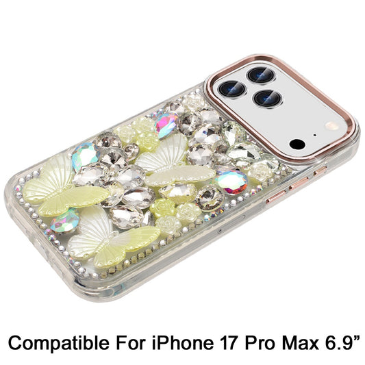 For Apple iPhone 17 Pro Max (6.9") 3D Diamond Floral Butterfly Bling Stone Hybrid, Sparkly Rhinestone Gemstone Back Shockproof Case Cover Rose Gold