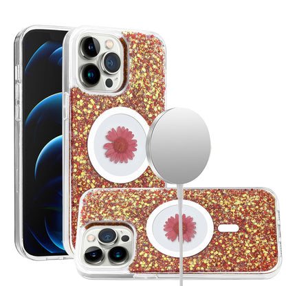 For Apple iPhone 15 Pro Max MagSafe Compatible Glitter Flower Epoxy Hybrid Slim TPU Case, Magnetic Circle Design, Sparkly Bling Protective Case Cover Silver