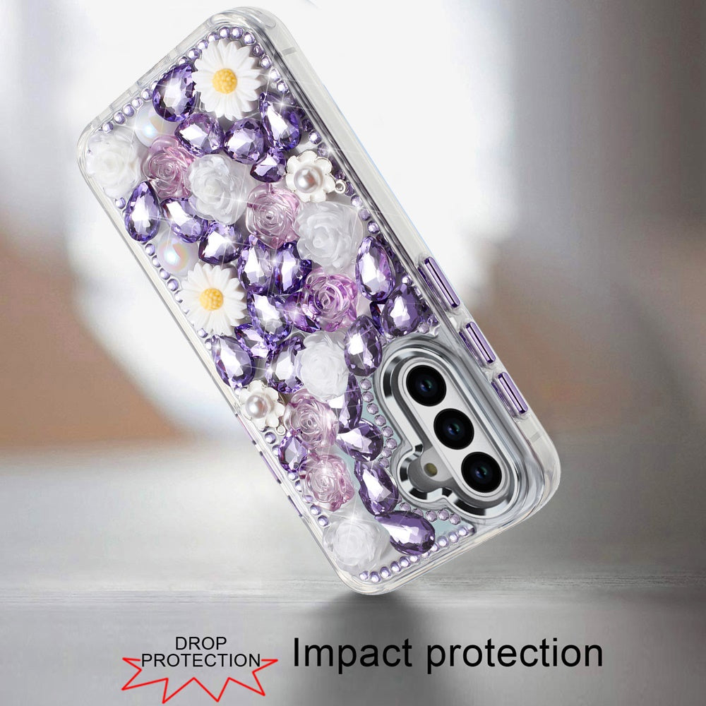 For Apple iPhone 16 (6.1") Fashion Daisy Floral Series, Full 3D Bling Crystal Diamonds Sparkling Rhinestone Glitter Hybrid Design Case Cover Purple