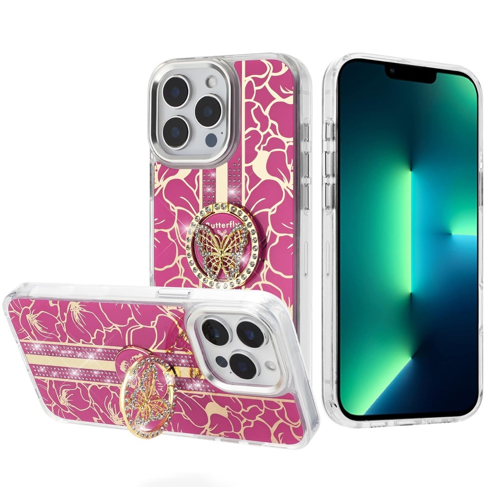 Phone Case for Apple iPhone 13 Pro Max Floral Butterfly Ring Stand Glitter Bling Shockproof Hybrid Luxury Fashion Protective Anti Slip Durable Grip Cover