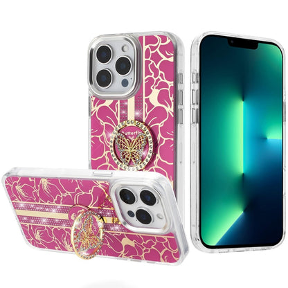 Phone Case for Apple iPhone 13 Pro Max Floral Butterfly Ring Stand Glitter Bling Shockproof Hybrid Luxury Fashion Protective Anti Slip Durable Grip Cover