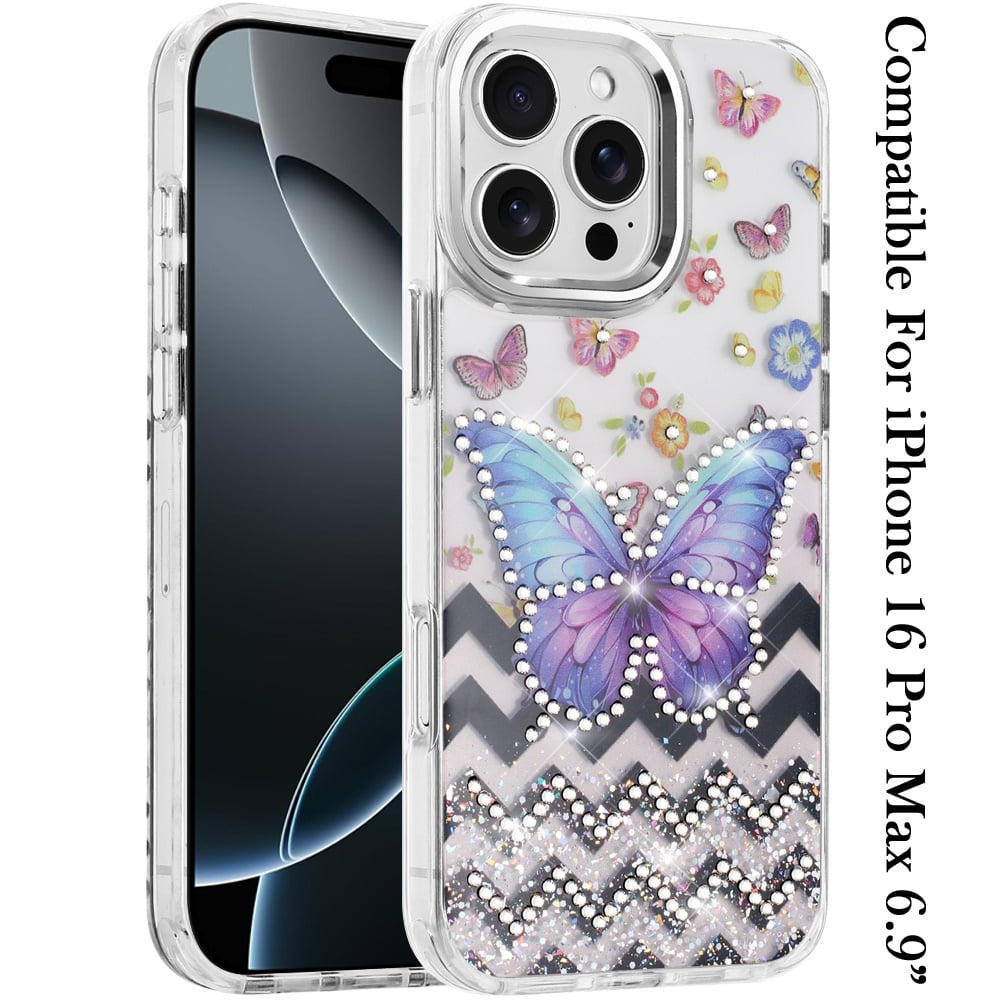 For iPhone 16 Pro Max (6.9") Butterfly Resin Epoxy Diamond Design Metal Edged Hybrid Shockproof Heavy Duty Drop Protection Protector