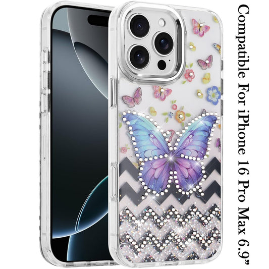 For iPhone 16 Pro Max (6.9") Butterfly Resin Epoxy Diamond Design Metal Edged Hybrid Shockproof Heavy Duty Drop Protection Protector