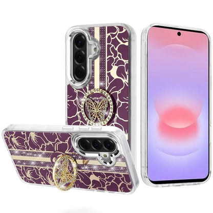 Phone Case for Samsung Galaxy A37 / A36 Floral Butterfly Ring Stand Glitter Bling Shockproof Hybrid Luxury Fashion Protective Anti Slip Durable Grip Cover Purple