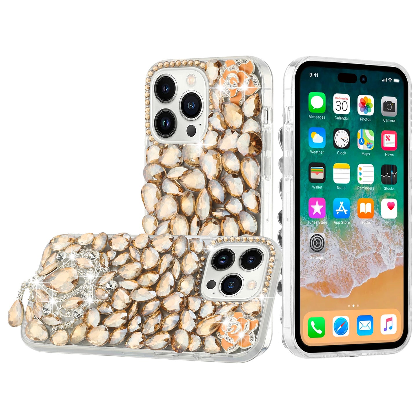 For Apple iPhone 16 Pro (6.3") Bling Crystal 3D Full Diamonds Jewelry Luxury Sparkle Rhinestone Glitter Hybrid Protective Case Cover