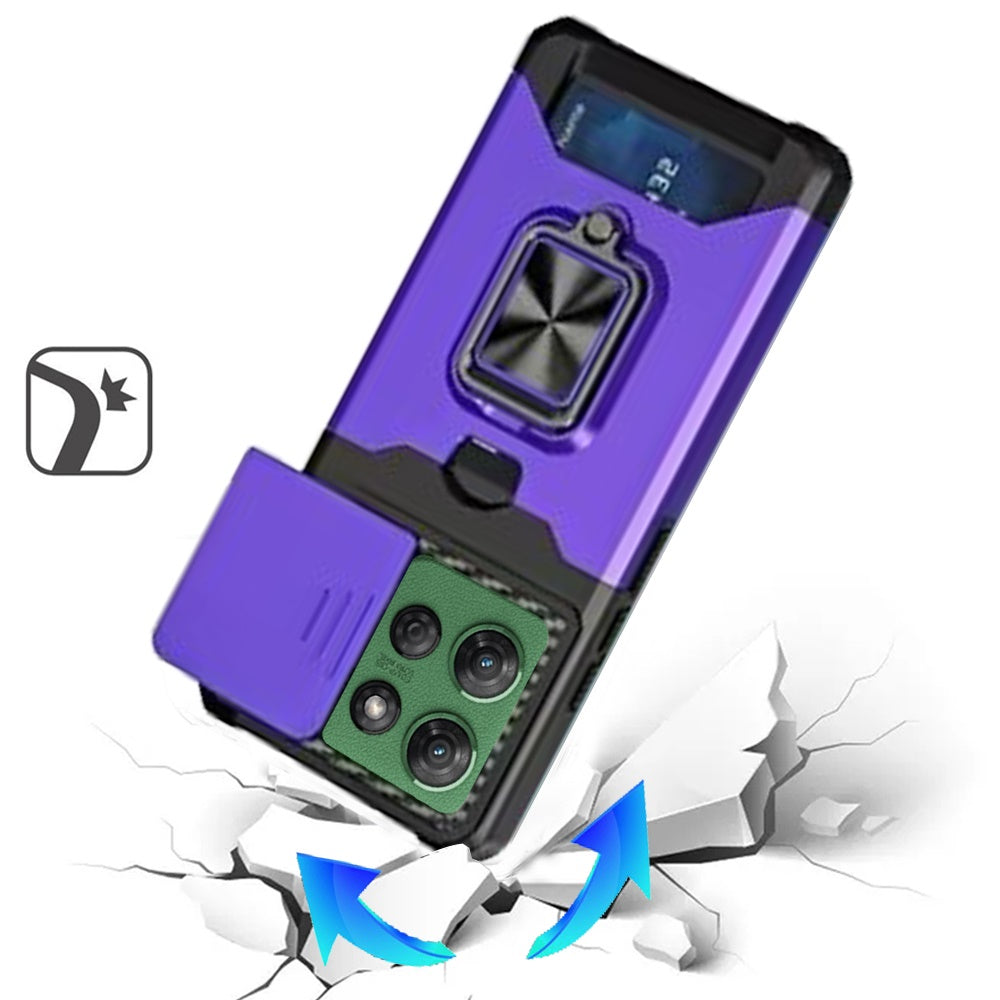 For Motorola Moto G Power 5G 2025 Wallet Case with Ring Stand & Slide Camera Cover Back Credit Card Slot Holder, Military Grade Case Cover Purple
