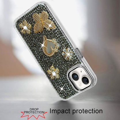 Phone Case for Apple iPhone 14/ iPhone 13 Luxury Crystal Butterfly Floral Jeweled Heart Full Diamond Design, Sparkling Decorative Details, Elegant Style Cover Black