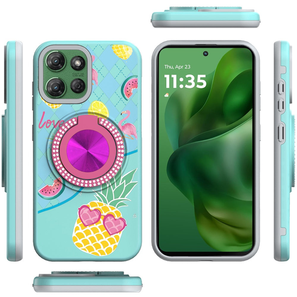 For Samsung Galaxy A16 Pattern Design Hybrid with Invisible Ring Stand & Magnetic Back, Shockproof Protective Grip Case Cover Pineapple Love Vibe