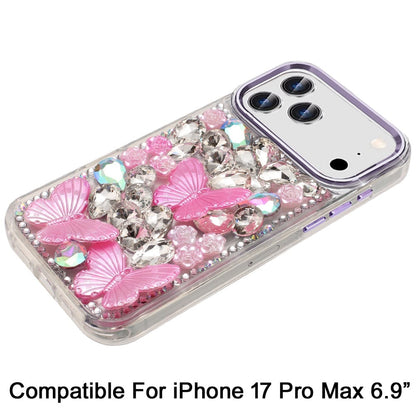 Phone Case for Apple iPhone 17 Pro Max (6.9") Luxury 3D Floral Butterfly Bling Rhinestone Glitter Shockproof Stylish Protective Hybrid Designer Metallic Cover Purple