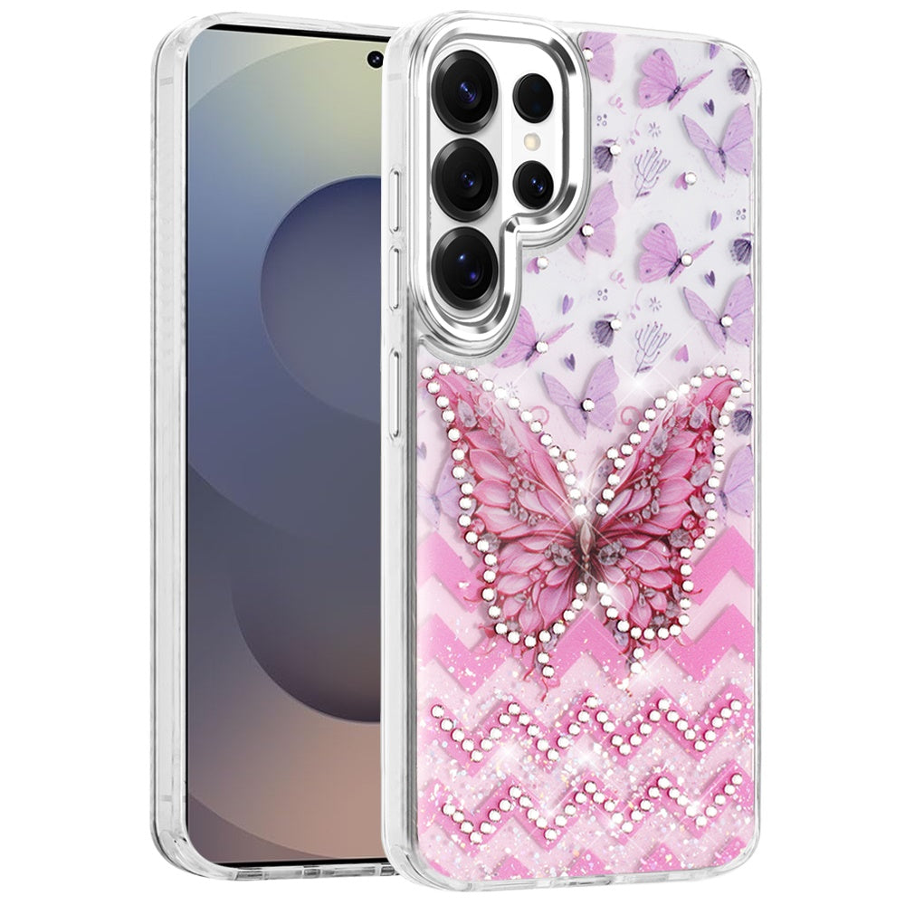 For Samsung Galaxy S26 Ultra Butterfly Resin Epoxy Diamond Design Metal Edged Hybrid Shockproof Heavy Duty Drop Protection Case Cover