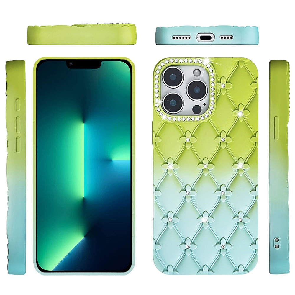 For Apple iPhone 16 Pro Max (6.9") Fashion Flower Design Sparkle Glitter Shimmer Rhinestone Bling Leather Feel Thick TPU Rubber Hard PC Case Cover