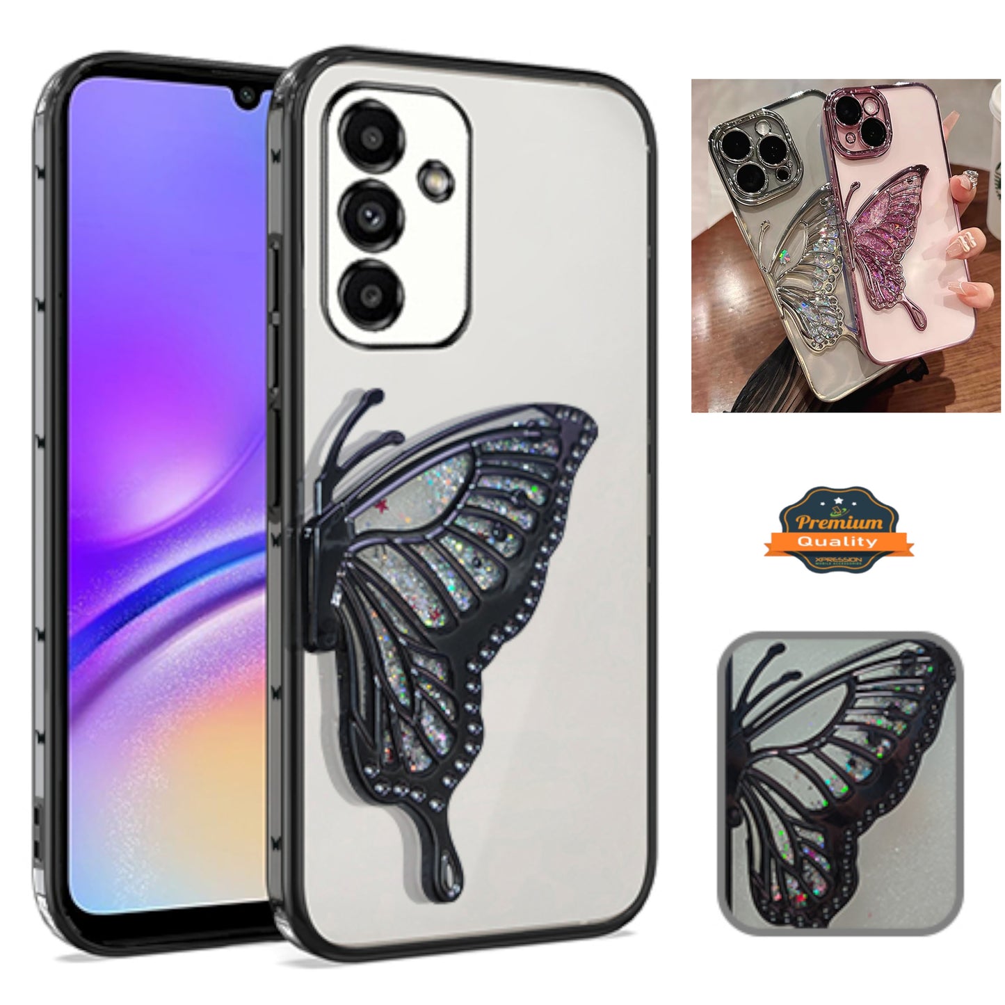 For Samsung Galaxy S25+ S25 Plus /S24+ Glitter 3D Butterfly Bling Case, Chrome Electroplate Sparkle Liquid Flowing Plating Hybrid Bumper Case Cover