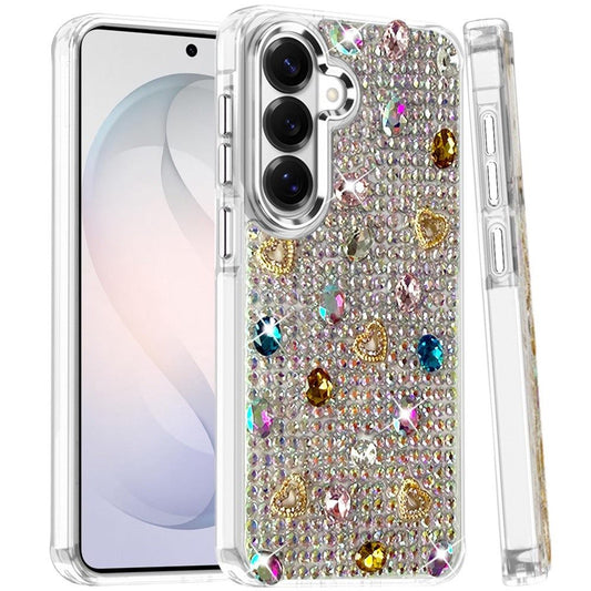 Phone Case for Samsung Galaxy S26 FE /Fan Edition Chrome Fashion Hybrid Bling Diamond Heart Rhinestone Decorative Stones Sparkling Embellished Design Cover Multicolor