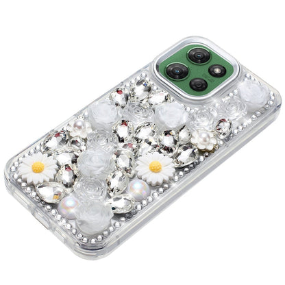 For Motorola Moto G Power 5G 2026 /2025 Fashion Daisy Floral Series, Full 3D Bling Crystal Diamonds Sparkling Rhinestone Glitter Hybrid Design Case Cover White