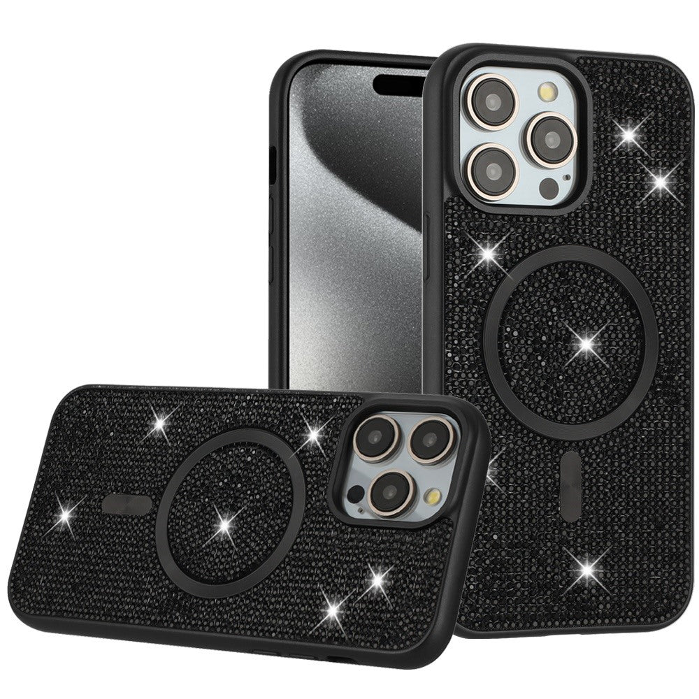 Phone Case for Apple iPhone 15 Pro Max Magnetic Bling Diamond Sparkle Hybrid Shockproof Rugged Grip Durable Protection Anti-Slip Armor Design Cover Black