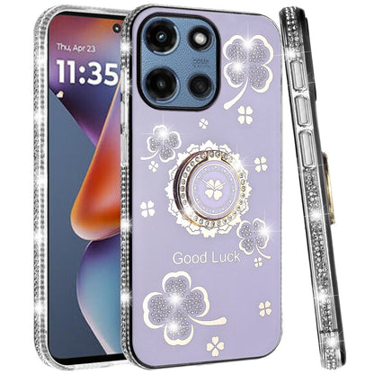 For Motorola Moto G 5G 2025 Diamonds Bling All Around Edges Sparkly Glitter Hybrid with Ring Stand Holder Fashion Good Luck Case Cover
