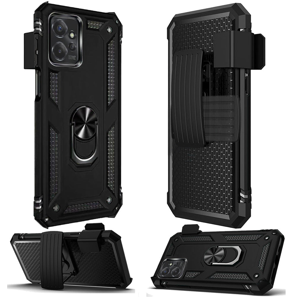 For Motorola Moto G Power 5G 2023 Hybrid Combo Belt Clip Holster with Ring Stand Holder, Military Grade Fit Magnetic Car Mount Shockproof Case Cover Black