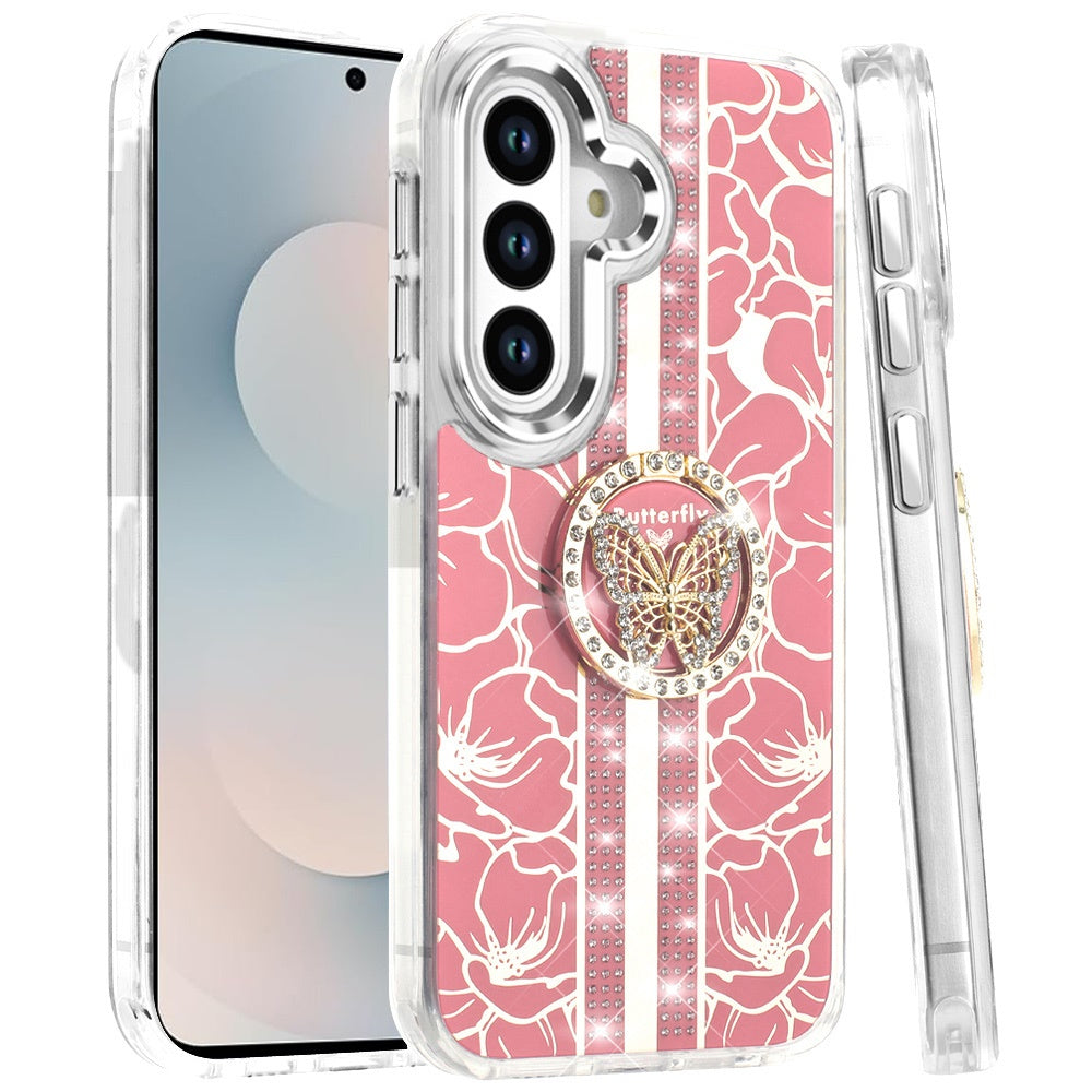Phone Case for Samsung Galaxy S25 FE Fan Edition Floral Butterfly Ring Stand Glitter Bling Shockproof Hybrid Luxury Fashion Protective Anti Slip Durable Grip Cover Pink