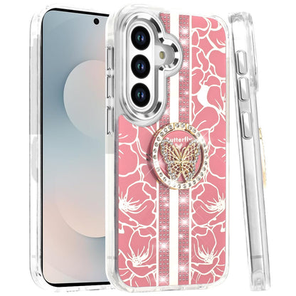 Phone Case for Samsung Galaxy S25 FE Fan Edition Floral Butterfly Ring Stand Glitter Bling Shockproof Hybrid Luxury Fashion Protective Anti Slip Durable Grip Cover Pink