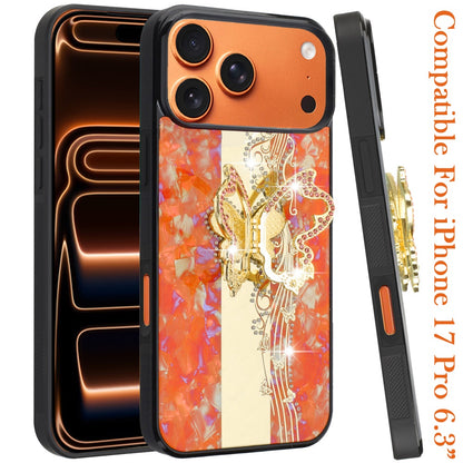 For Apple iPhone 17 Pro (6.3") Diamonds 3D Fashion Bling Sparkly Glitter Ornaments Engraving Hybrid with Ring Stand Case Cover