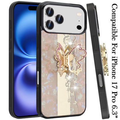 For Apple iPhone 17 Pro (6.3") Diamonds 3D Fashion Bling Sparkly Glitter Ornaments Engraving Hybrid with Ring Stand Case Cover