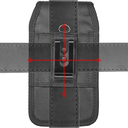 For Apple iPhone 16 (6.1") Universal Nylon Pouch Case Vertical Phone Holster with Dual Card Slots, Pen Holder, Belt Clip Loop & Hook Cover [Black]