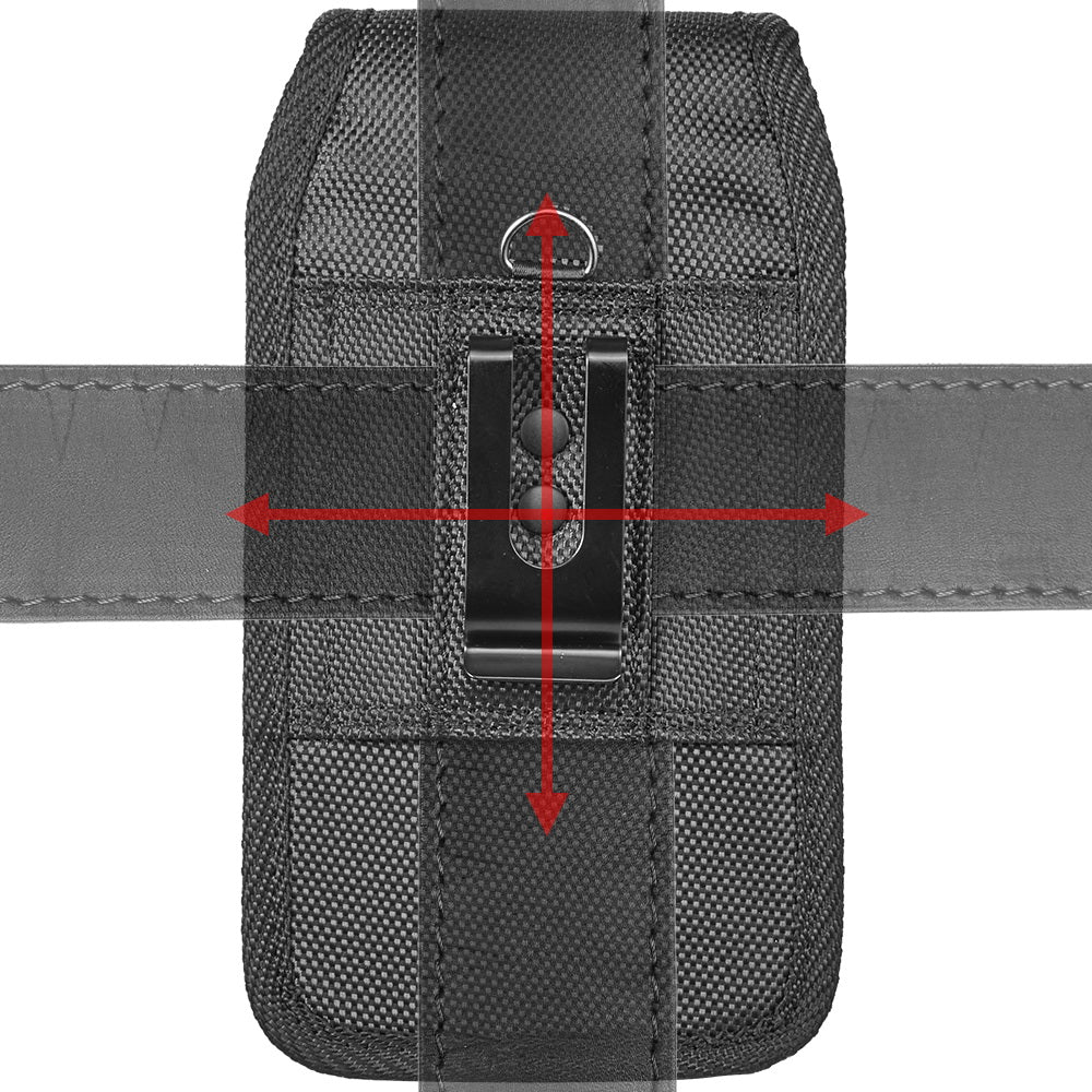For Apple iPhone 16 Pro (6.3") Universal Nylon Pouch Case Vertical Phone Holster with Dual Card Slots, Pen Holder, Belt Clip Loop & Hook Cover [Black]