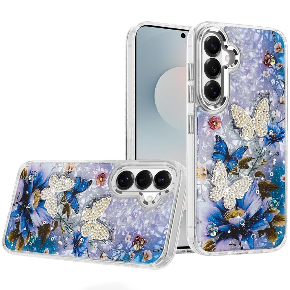 For Samsung Galaxy S26+ / S26 Plus Epoxy Glitter Flowers Bling 3D Butterfly Fashion TPU Hybrid with Shockproof Protection Case Cover