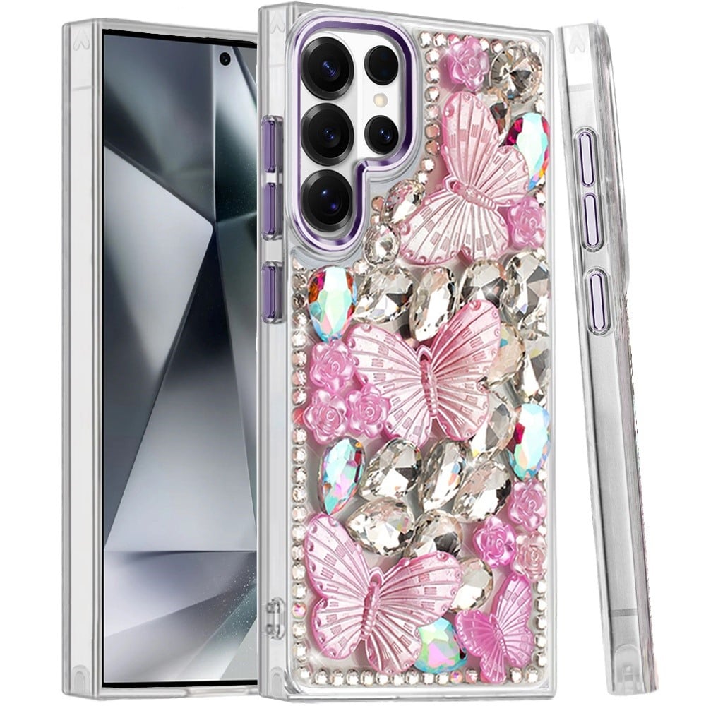 Phone Case for Samsung Galaxy S24 Ultra Luxury 3D Floral Butterfly Bling Rhinestone Glitter Shockproof Stylish Protective Hybrid Designer Metallic Cover Purple
