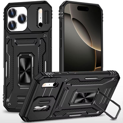 For Apple iPhone 17 Pro Max (6.9") Tough Hybrid Case with Movable Camera Window & Metal Ring Stand Shockproof Case Cover