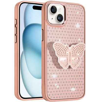 Phone Case for Apple iPhone 15 Butterfly Grip Pop Stand Diamond Sparkle Hybrid Shockproof Metal Button Slim Protective Grip Decorative Design Cover