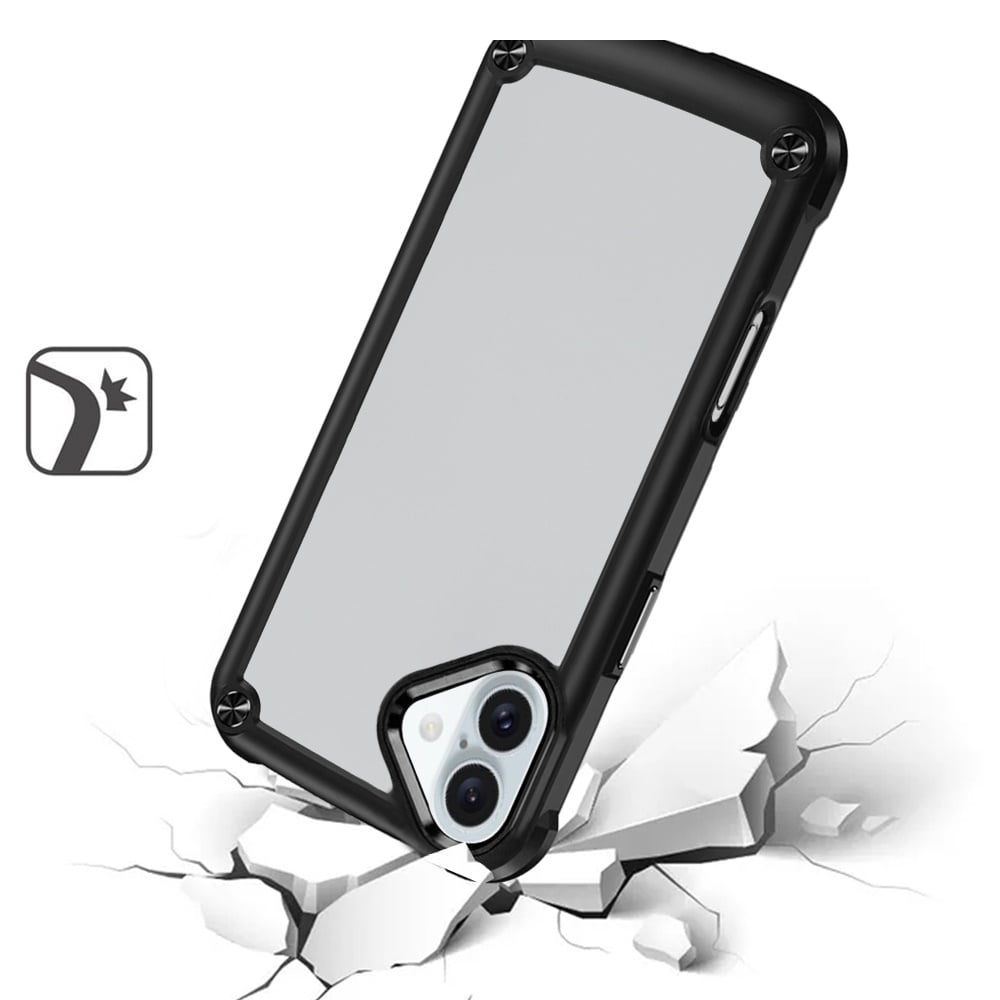 For Apple iPhone 16 Plus Hybrid Transparent Rubber with Metal Buttons & Camera Edges Hard TPU Corner Frame Bumper Case Cover Black