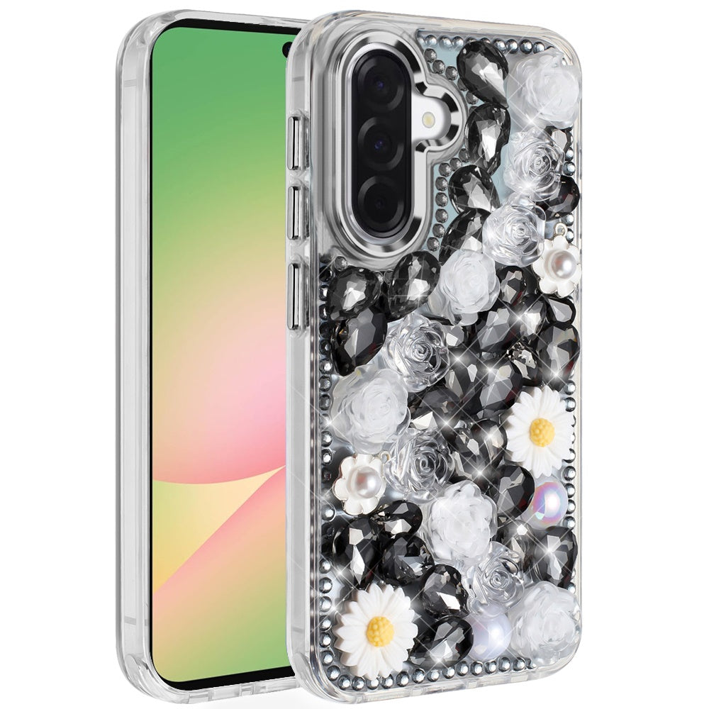 For Samsung Galaxy A57 Fashion Daisy Floral Series, Full 3D Bling Crystal Diamonds Sparkling Rhinestone Glitter Hybrid Design Case Cover