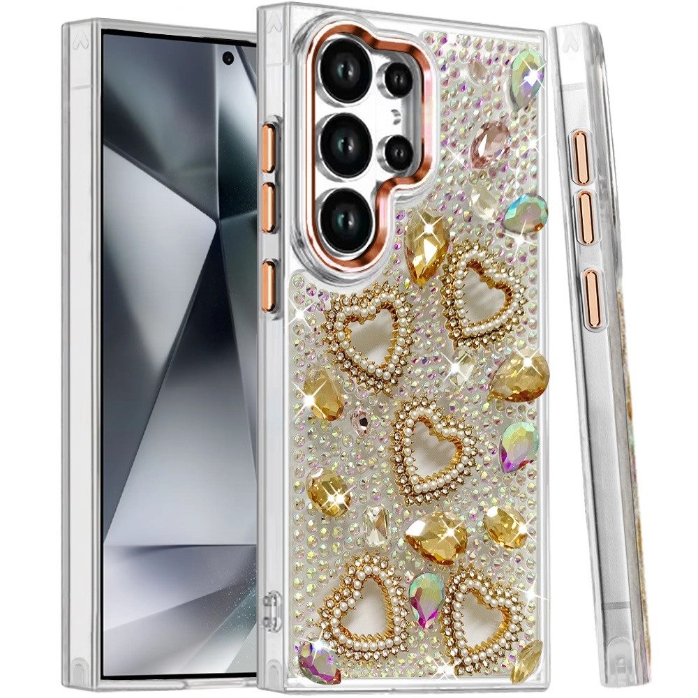 Phone Case for Samsung Galaxy S24 Ultra Luxury Crystal Heart Rhinestone Diamond Bling Shockproof Hybrid Glitter Protective Stylish Durable Grip Cover