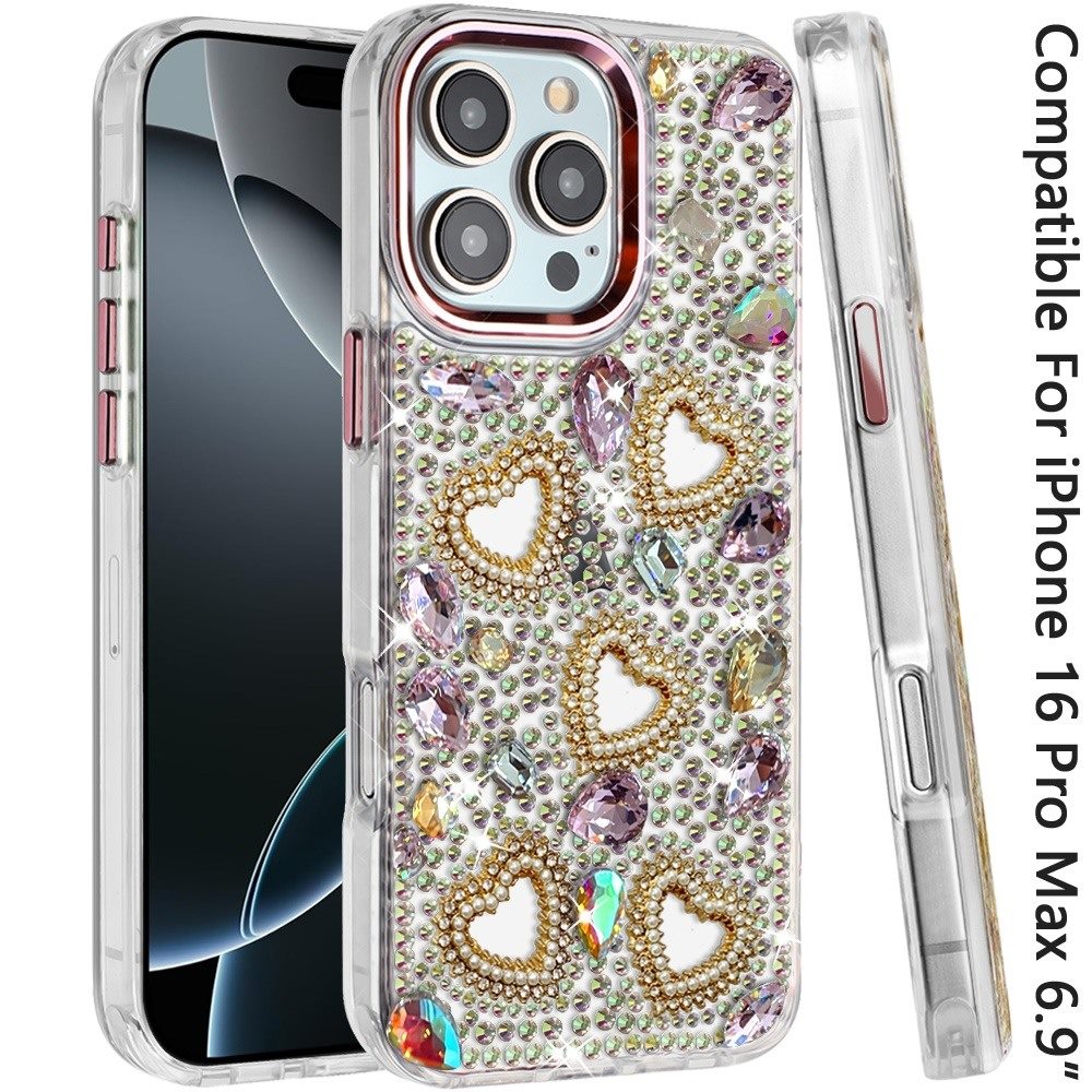 Phone Case for Apple iPhone 16 Pro Max Luxury Crystal Heart Rhinestone Diamond Bling Shockproof Hybrid Glitter Protective Stylish Durable Grip Cover