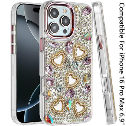 Phone Case for Apple iPhone 16 Pro Max Luxury Crystal Heart Rhinestone Diamond Bling Shockproof Hybrid Glitter Protective Stylish Durable Grip Cover